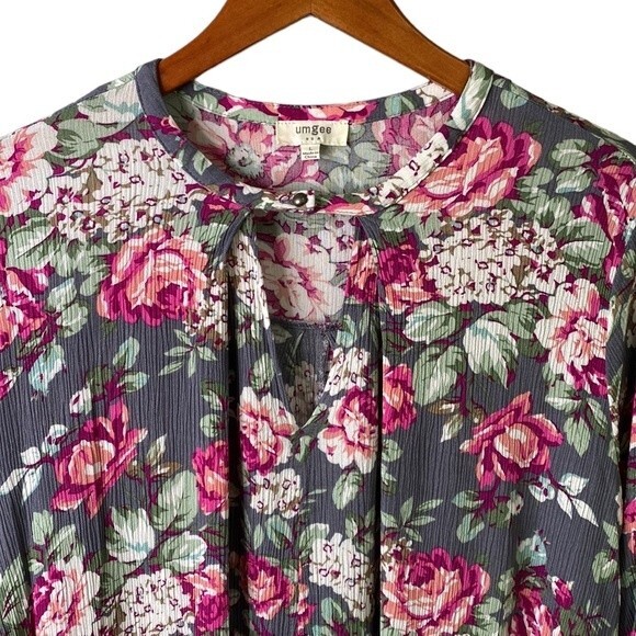 Umgee Floral Key Hole 3/4 Bell Sleeve Flowy Mini Swing Dress Trapeze Cut Guaze - Picture 9 of 16